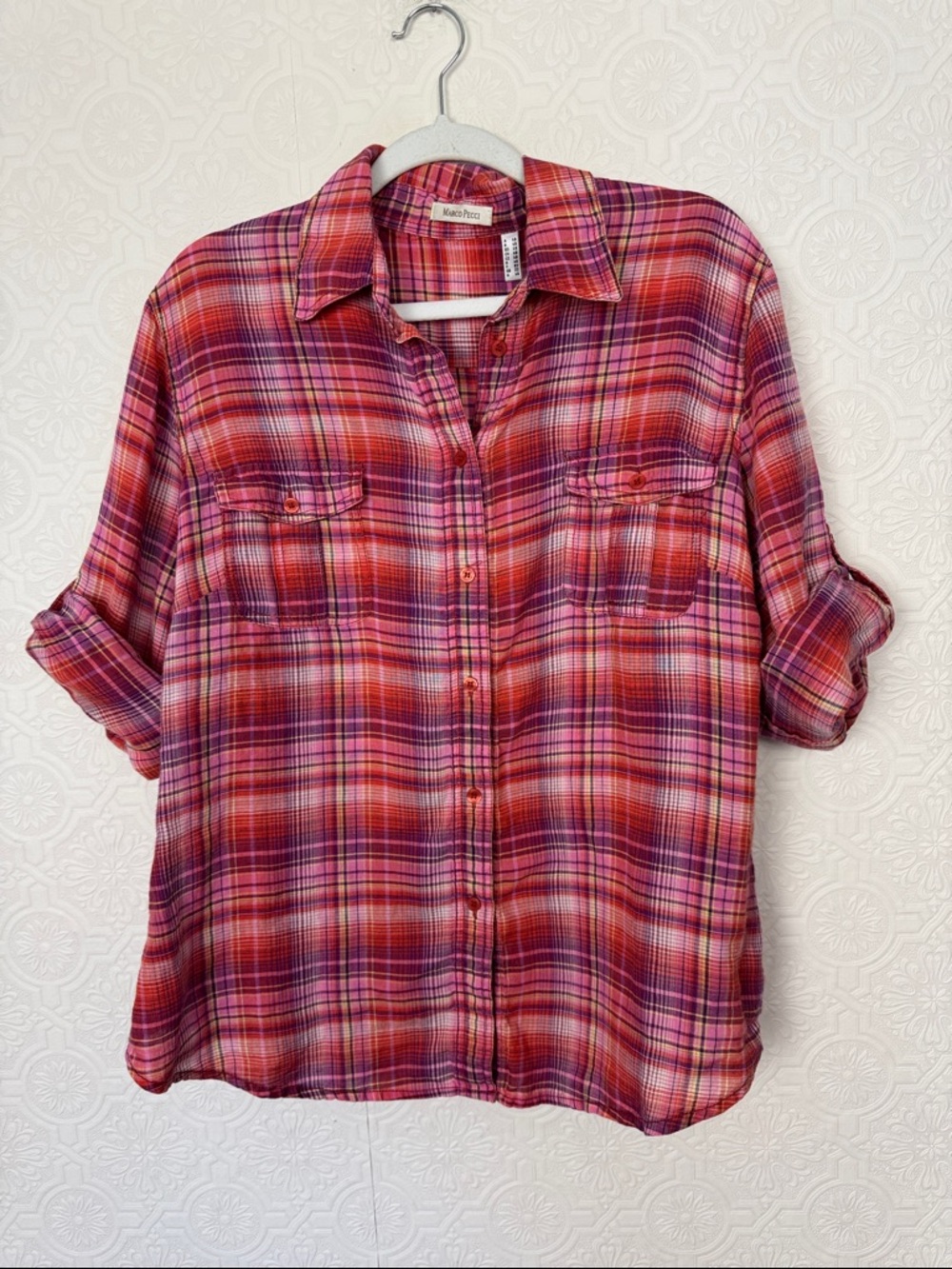 Marco Pecci Plaid Button Down Shirt Pink Orange Lightweight Casual XL